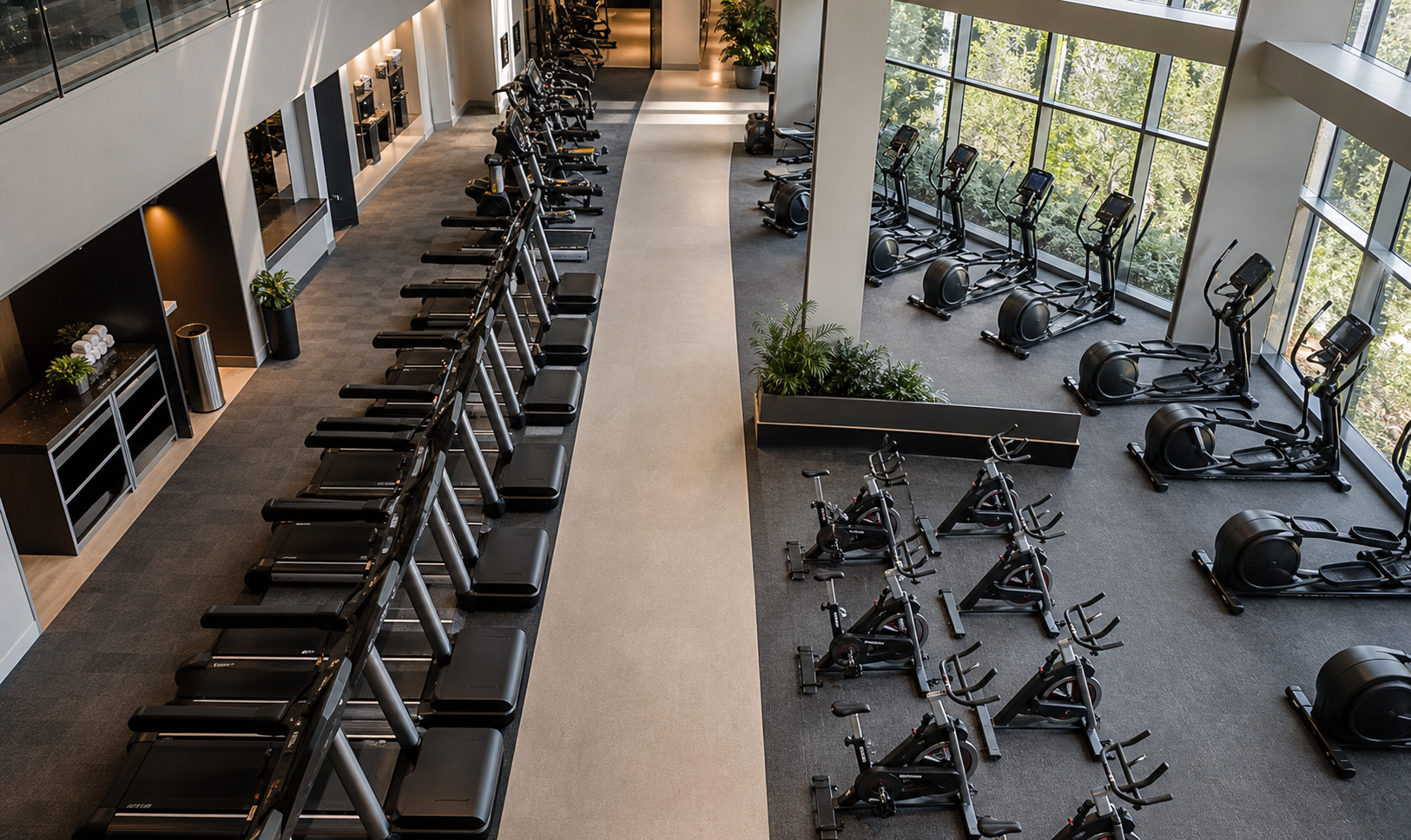 Commercial cardio equipment arranged in a factory for project planning